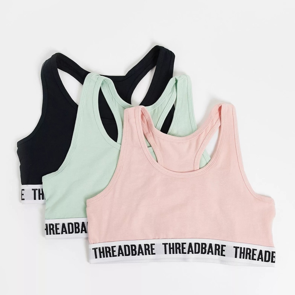 Threadbare 3 pack logo bralet in pink / green / black UK Size 8